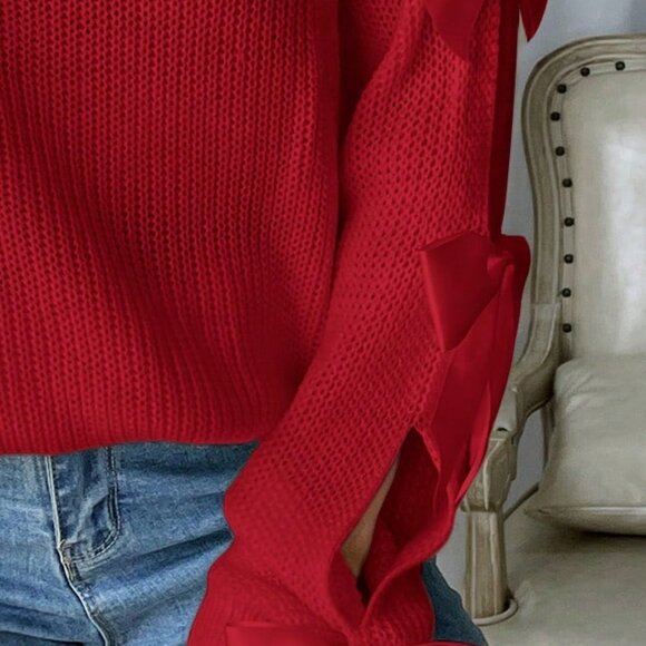 Red Casual Women's Hollow-Out Bow Decor Long Sleeve Sweater - Picture 5 of 5